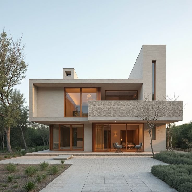 A concrete house featuring a spacious courtyard, showcasing modern architectural design and outdoor space.