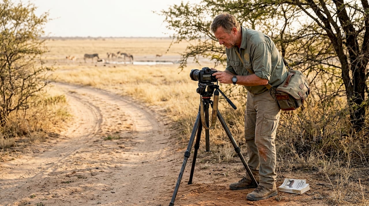 Photographer adjusting camera in Namibian landscape