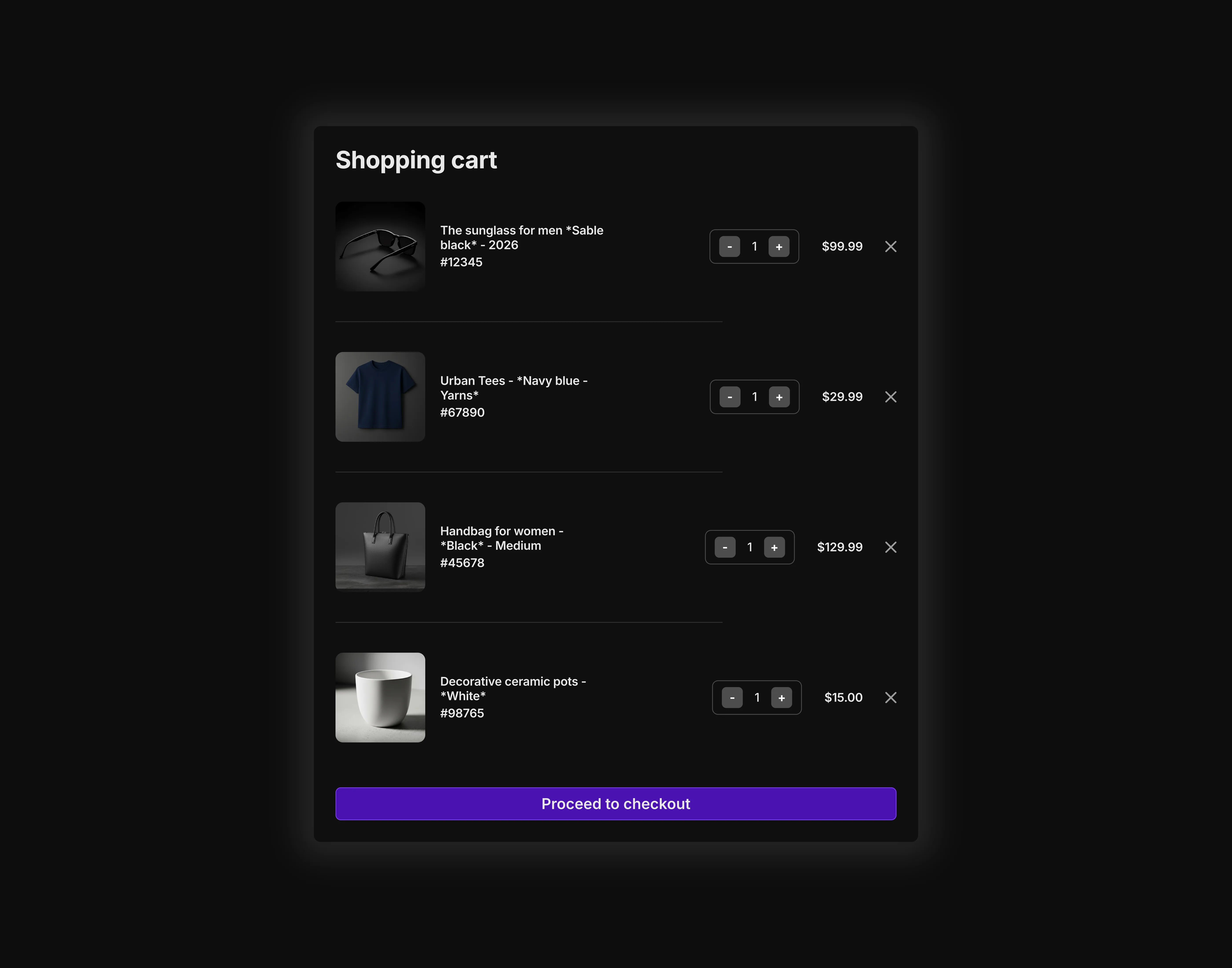A dark themed shopping cart with a few listed items in the cart, the UI optimized for tablet device