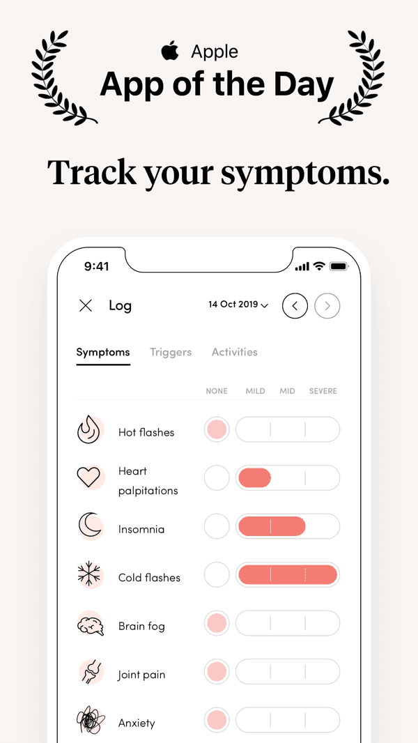 The Caria menopause app symptom tracking screen