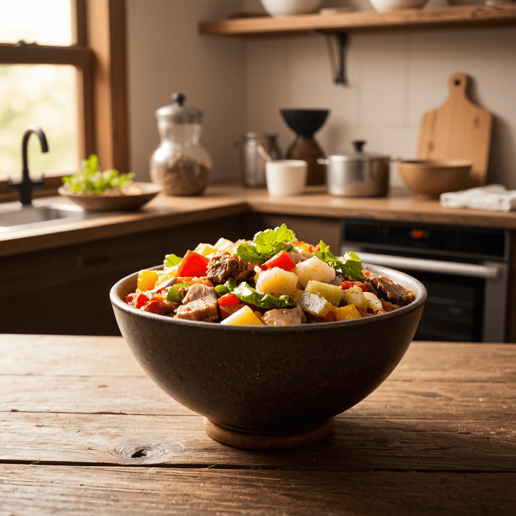 product photography of a bowl of mixed vegetables and meat with sauce