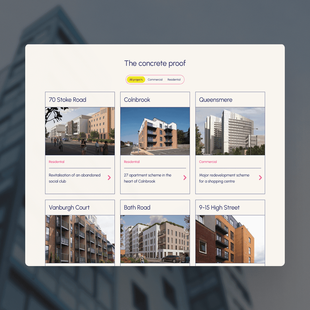 Website showcasing commercial and residential property projects, including Coinbrook and Queensmere developments.
