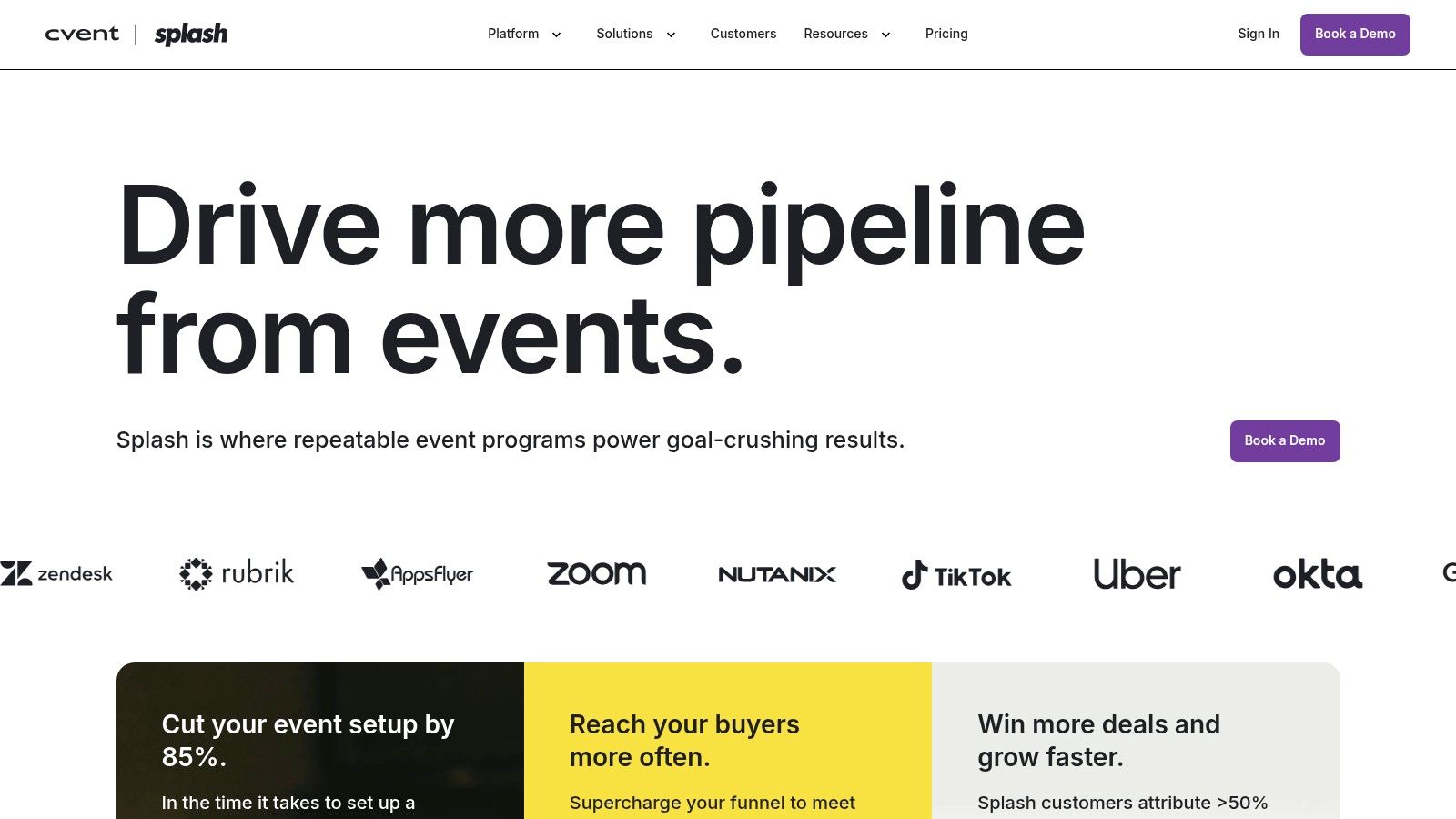 Splash event page builder interface showing design and branding options