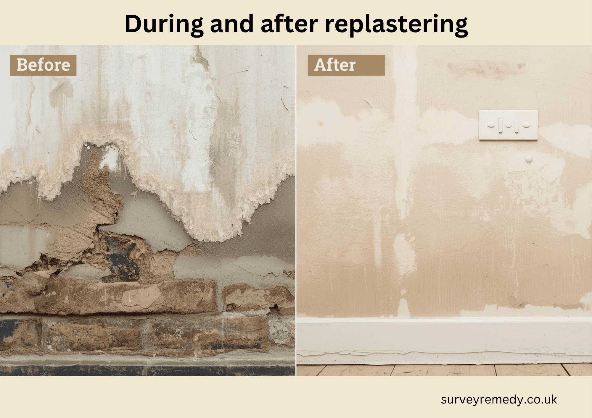 Wall affected by rising damp before and after damp-proof course treatment and replastering