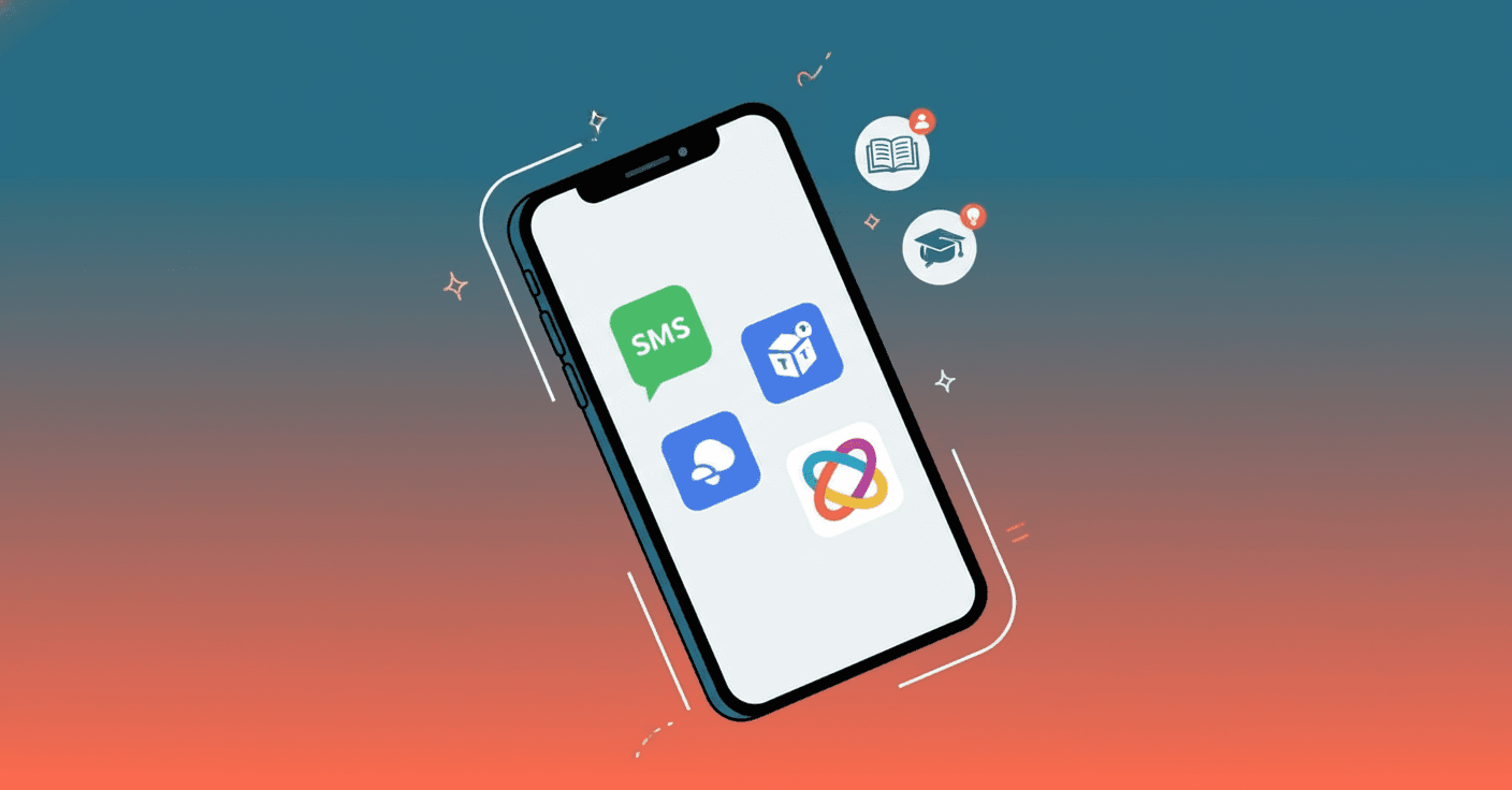 A modern smartphone displaying multiple messaging app icons (SMS, Teams, Slack) on the screen, with small learning notification bubbles floating above it, shown in a clean professional style with a gradient background, representing seamless mobile learning delivery without app downloads