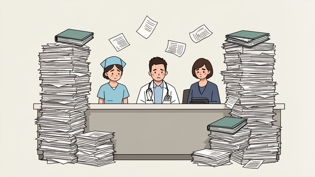 Three sad healthcare workers are swamped by towering stacks of patient documents, symbolizing administrative burden.