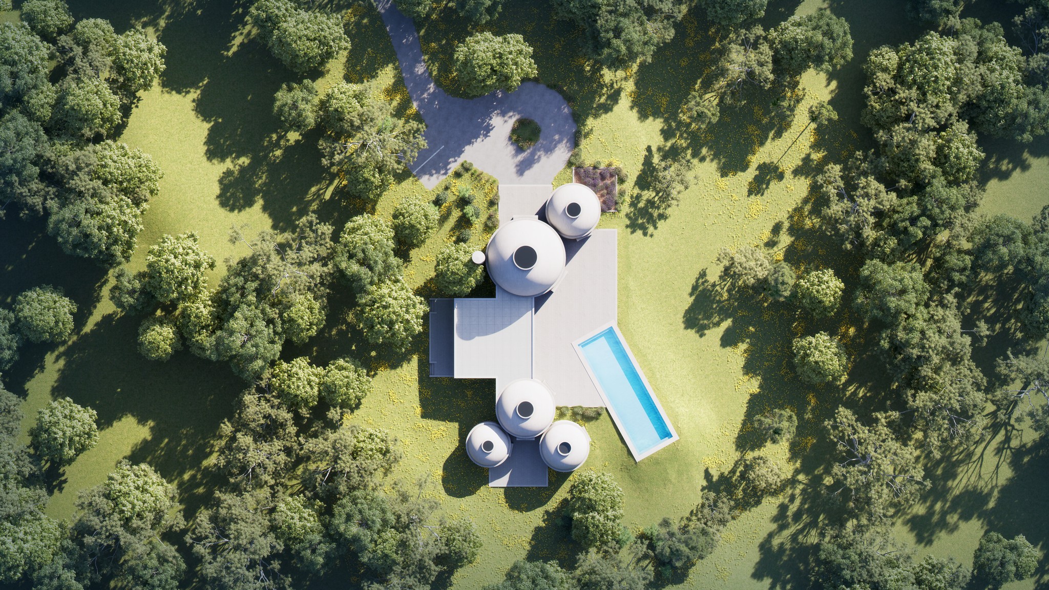 Pantheon House aerial view: Overhead shot of the architecturally unique domed house and pool, set within a lush, forested environment.