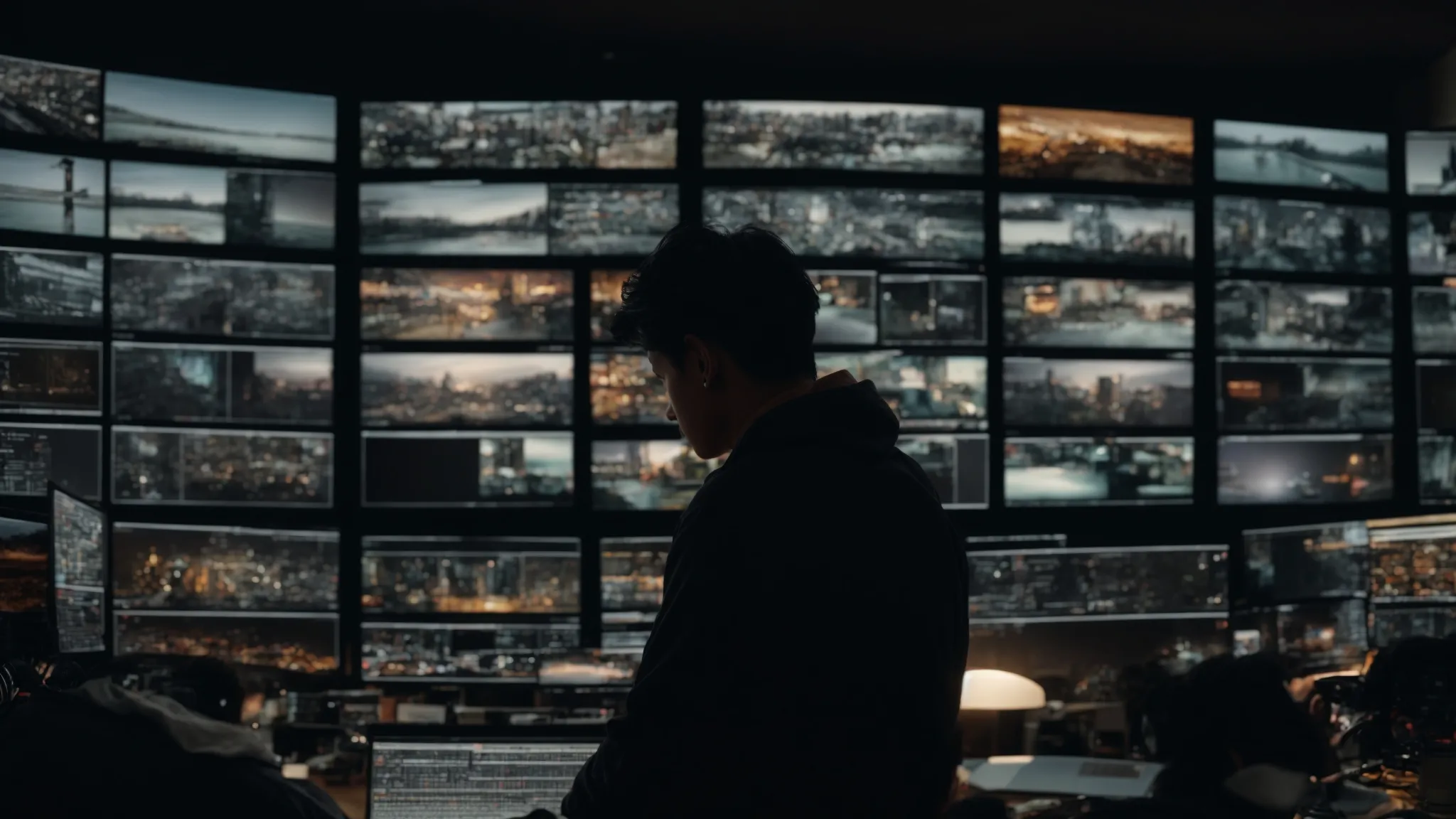 a film editor intently examines multiple screens displaying various film scenes, deeply immersed in the creative process of shaping a story.