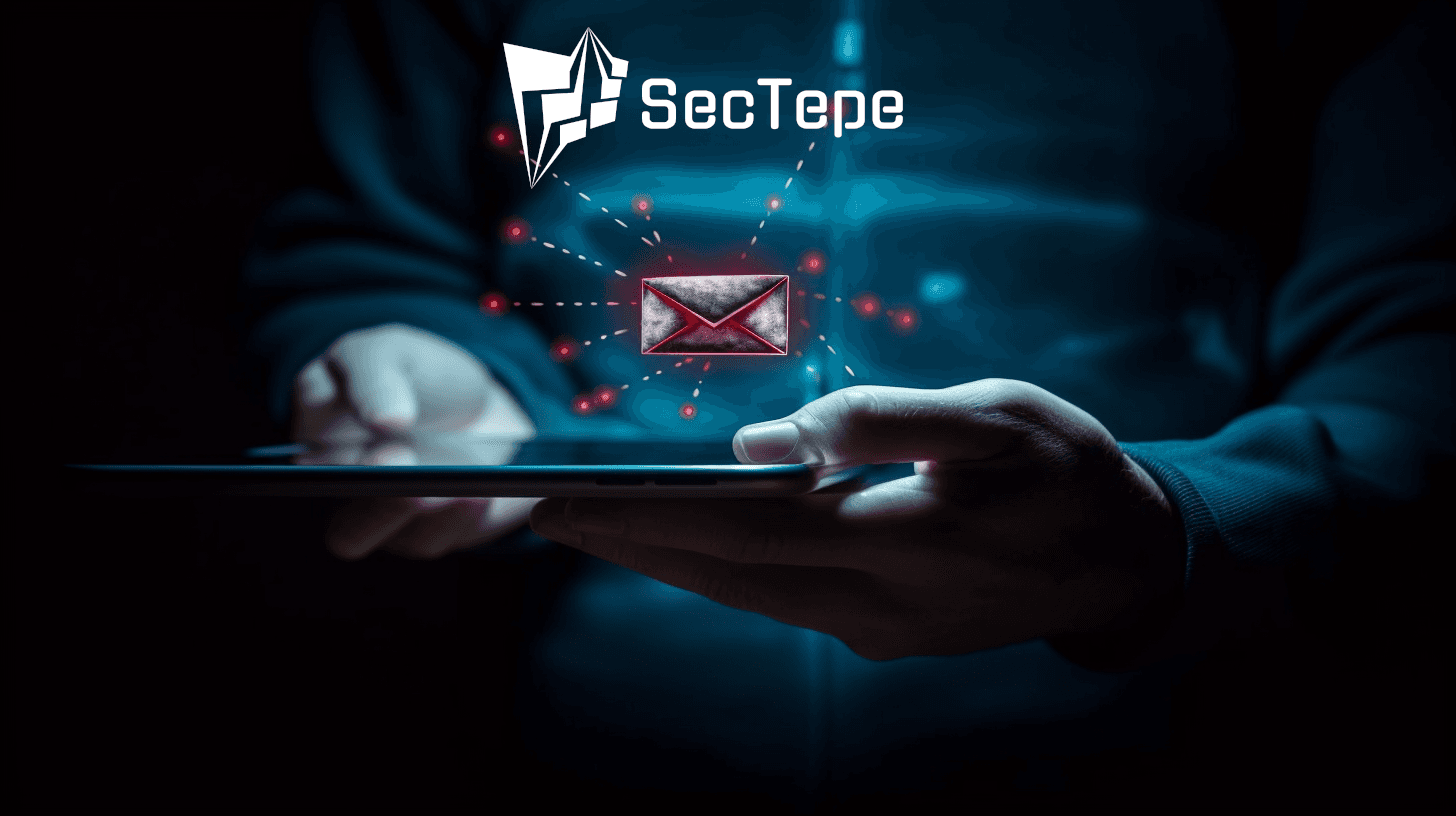 Consumer clicks phishing email, SecTepe logo and warnings in the background emphasize the risks and importance of endpoint detection.