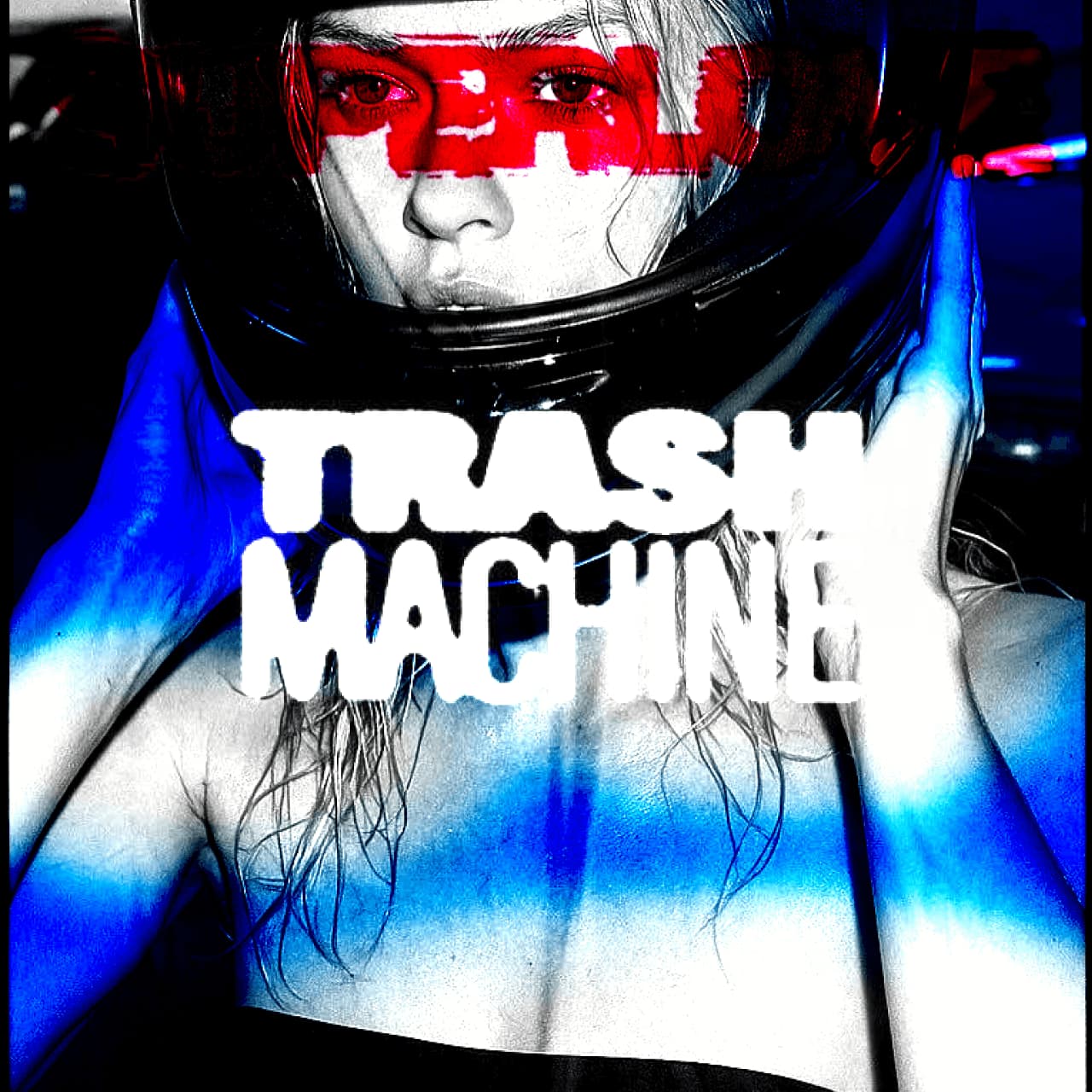 A person wearing a helmet with the words "TRASH MACHINE" written across it is highlighted in a bold, blue-toned photo, creating a striking, edgy visual.