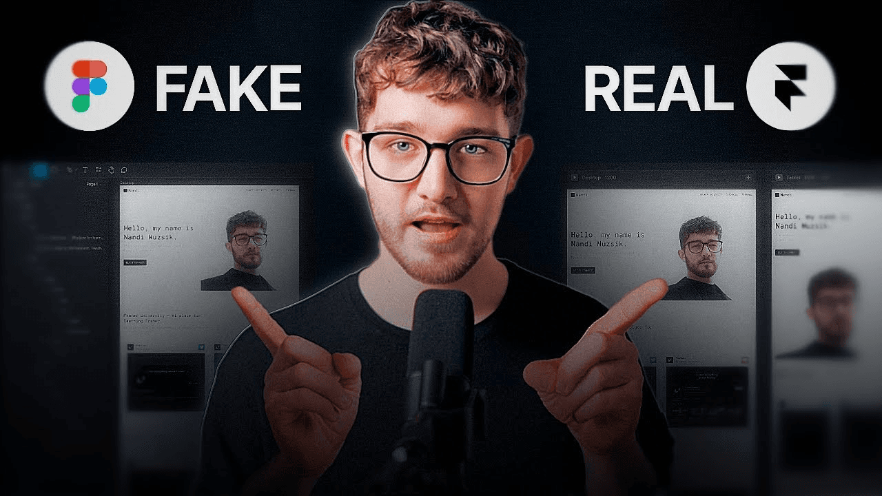 Comparison of Figma (fake) and Framer (real) design tools: Man demonstrating differences between interfaces, highlighting AI-generated content capabilities