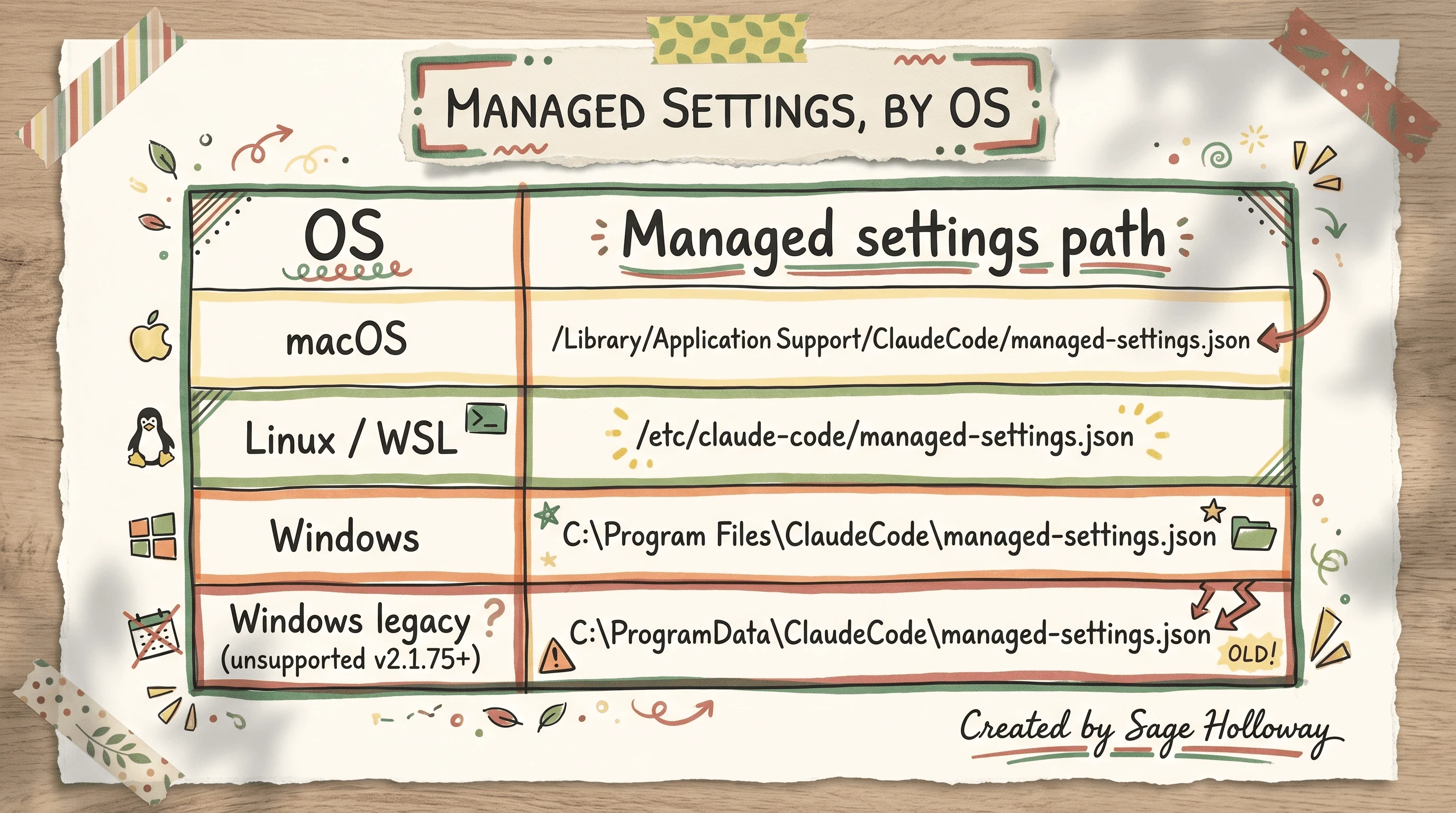 Table of Claude Code managed settings file paths for macOS, Linux, WSL, and Windows