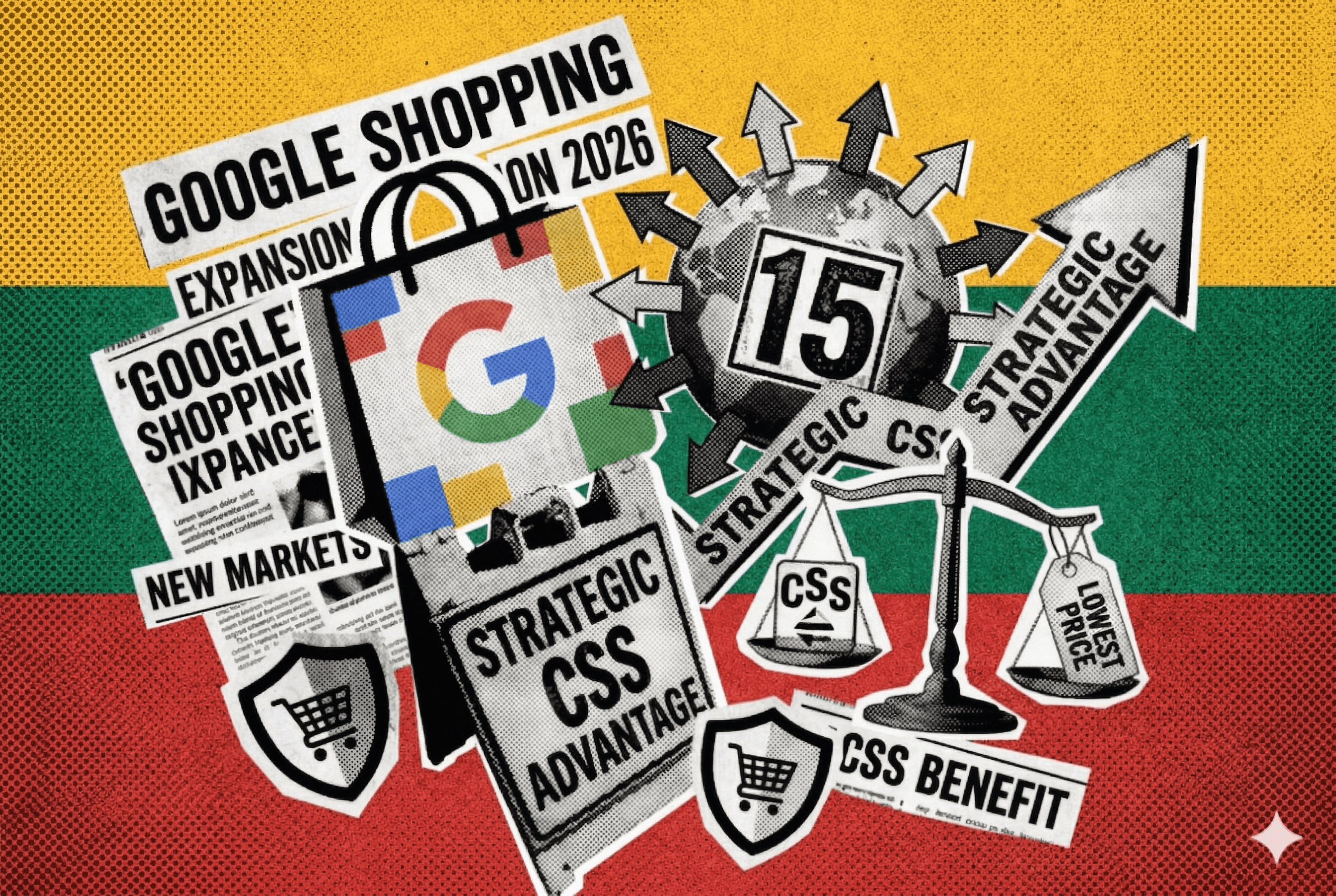 Google Shopping will be launched in Lithuania in 2026. The picture shows the Lithuanian flag and the advantages of Google CSS
