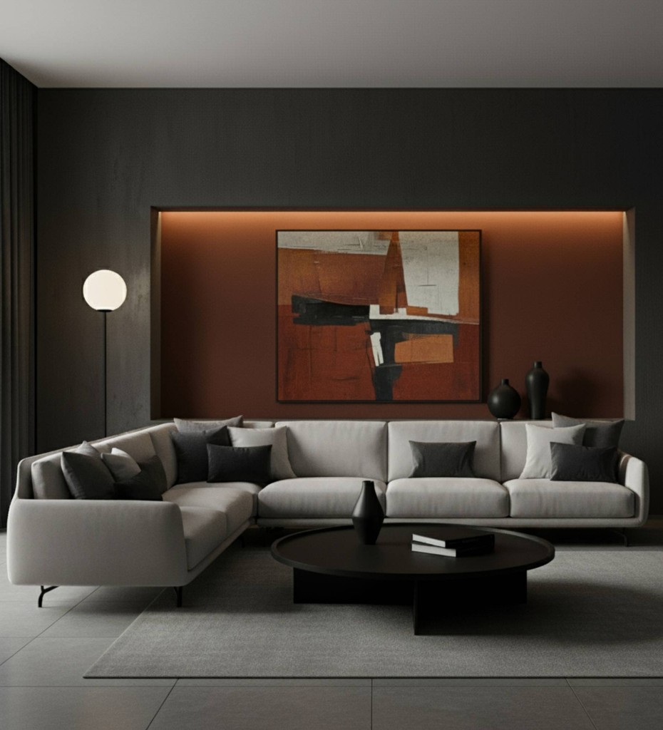 Luxury contemporary sofa with neutral fabric upholstery and exposed wooden frame