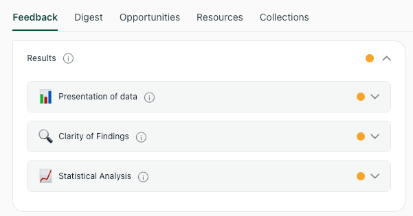 Overview of thesify results section feedback rubric showing presentation, clarity, and statistical analysis dimension