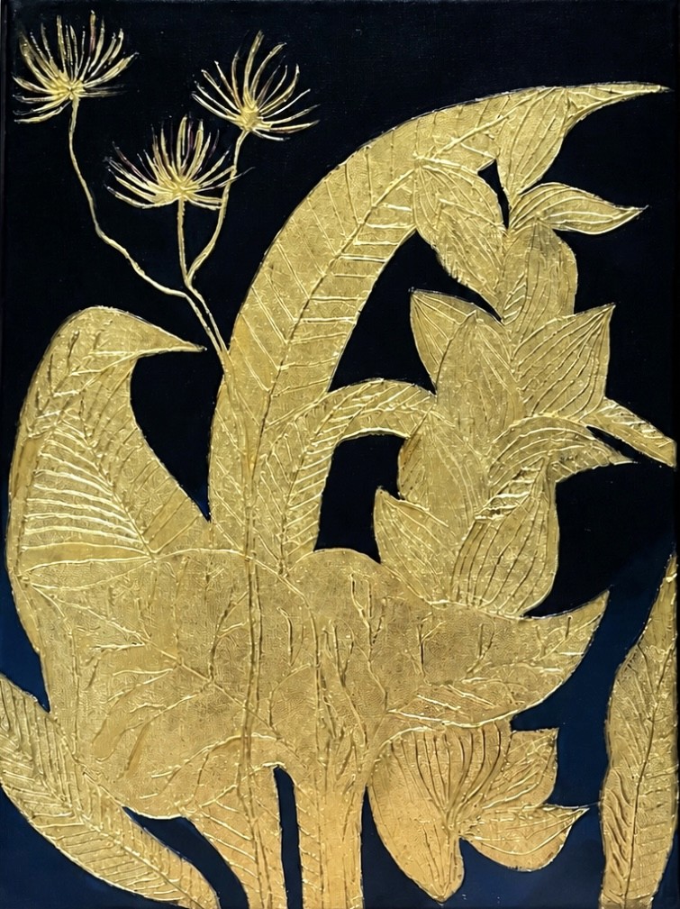 Surreal painting of a woman’s face with blue-green bird wings and a parrot in the foreground.