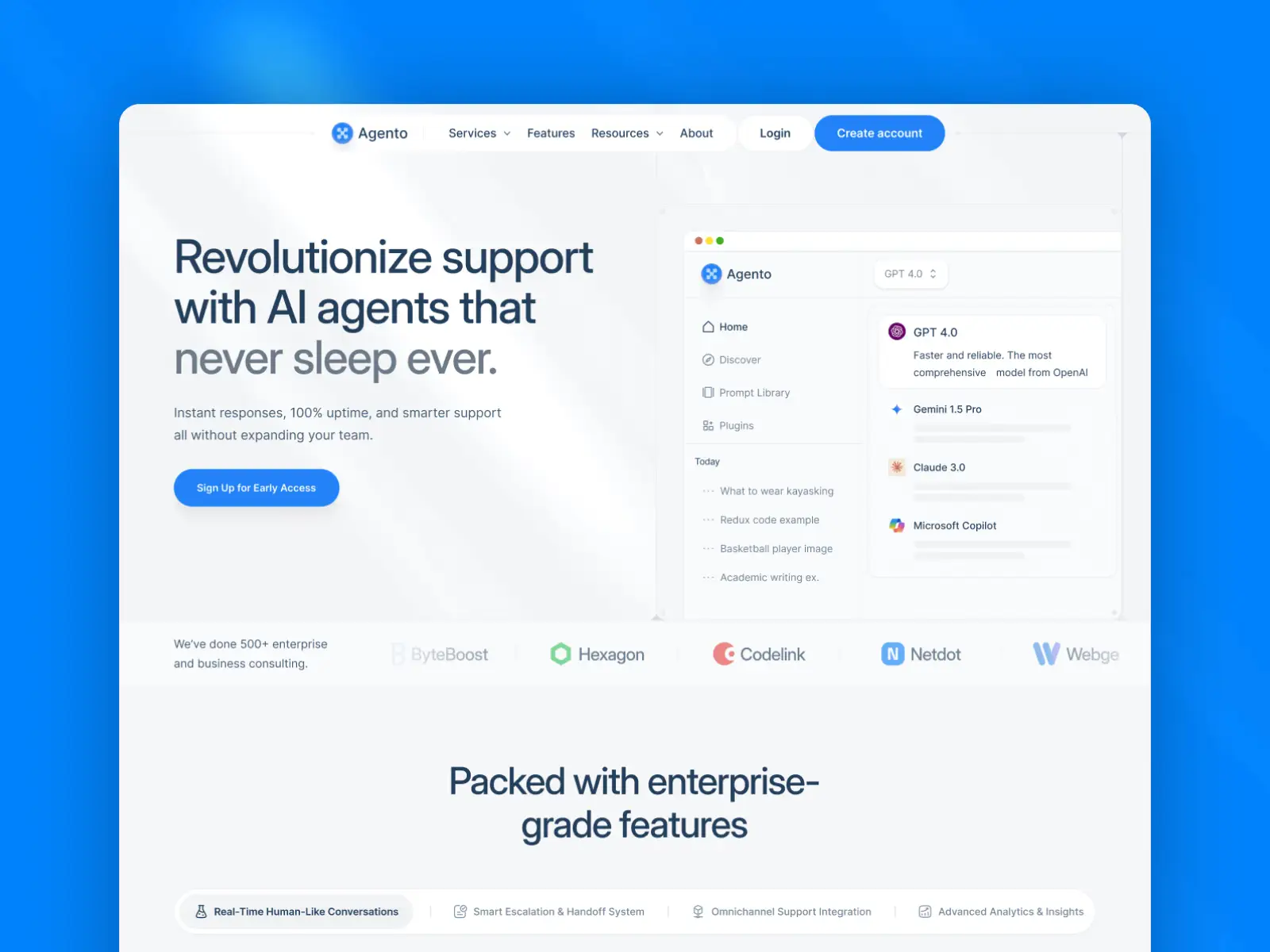 Agento AI agent landing Framer template for SaaS startup website