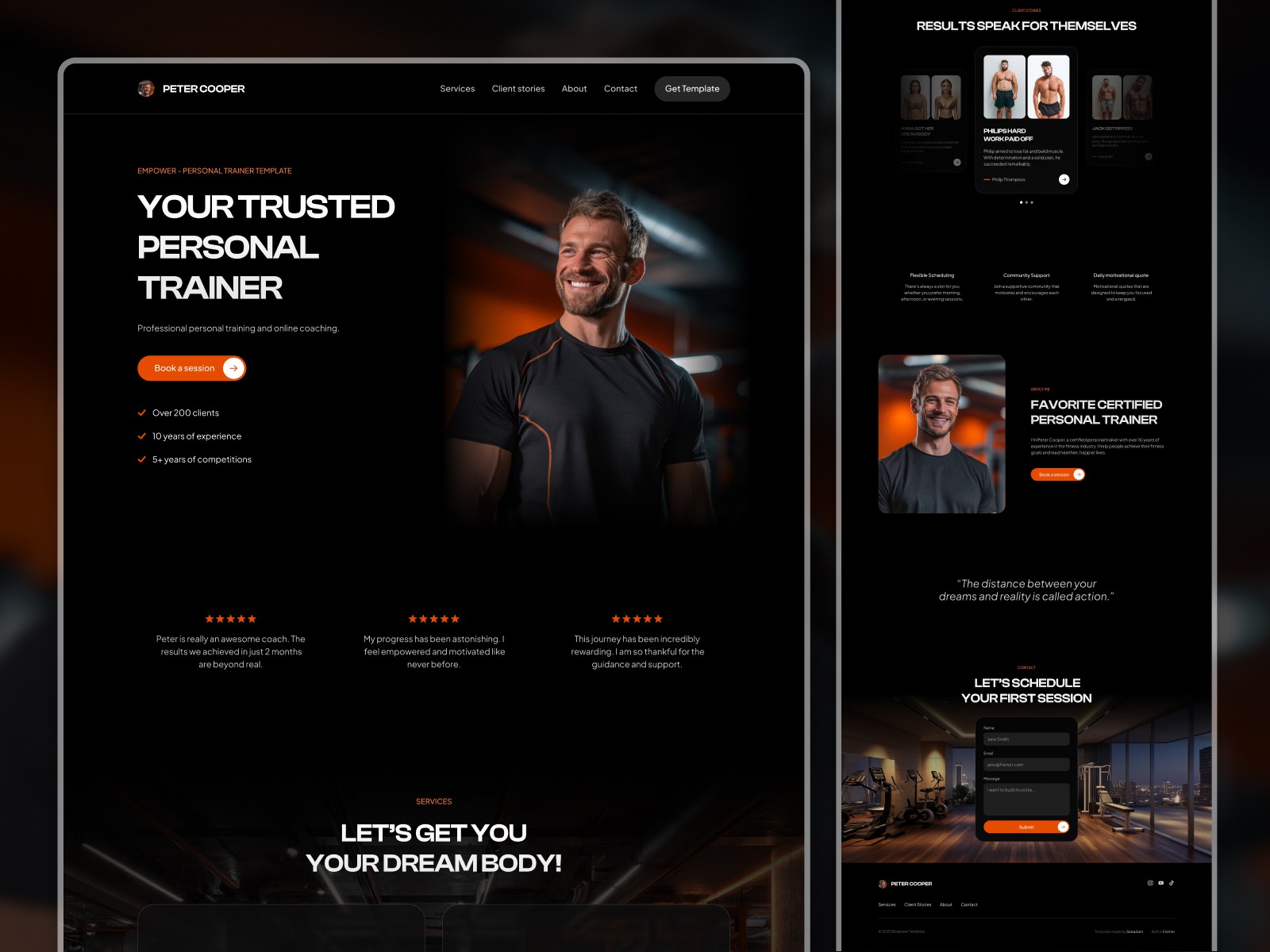 Empower Framer template homepage — personal trainer website with dark theme, orange accents, hero section and client testimonials