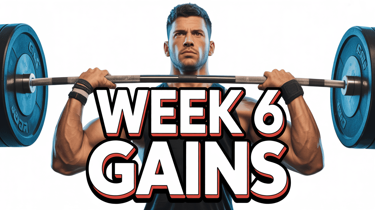Strength Split Progress Thumbnail Template featuring a determined male lifter holding a barbell across shoulders, overlayed weekly progress chart a...