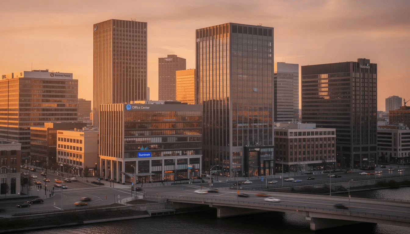 The image depicts a vibrant city skyline at sunset, showcasing various commercial real estate buildings that represent significant investment vehicles in the market. The warm hues of the sunset reflect off the glass facades, symbolizing the potential for capital gains and financial growth through diversified portfolios and real estate investments.
