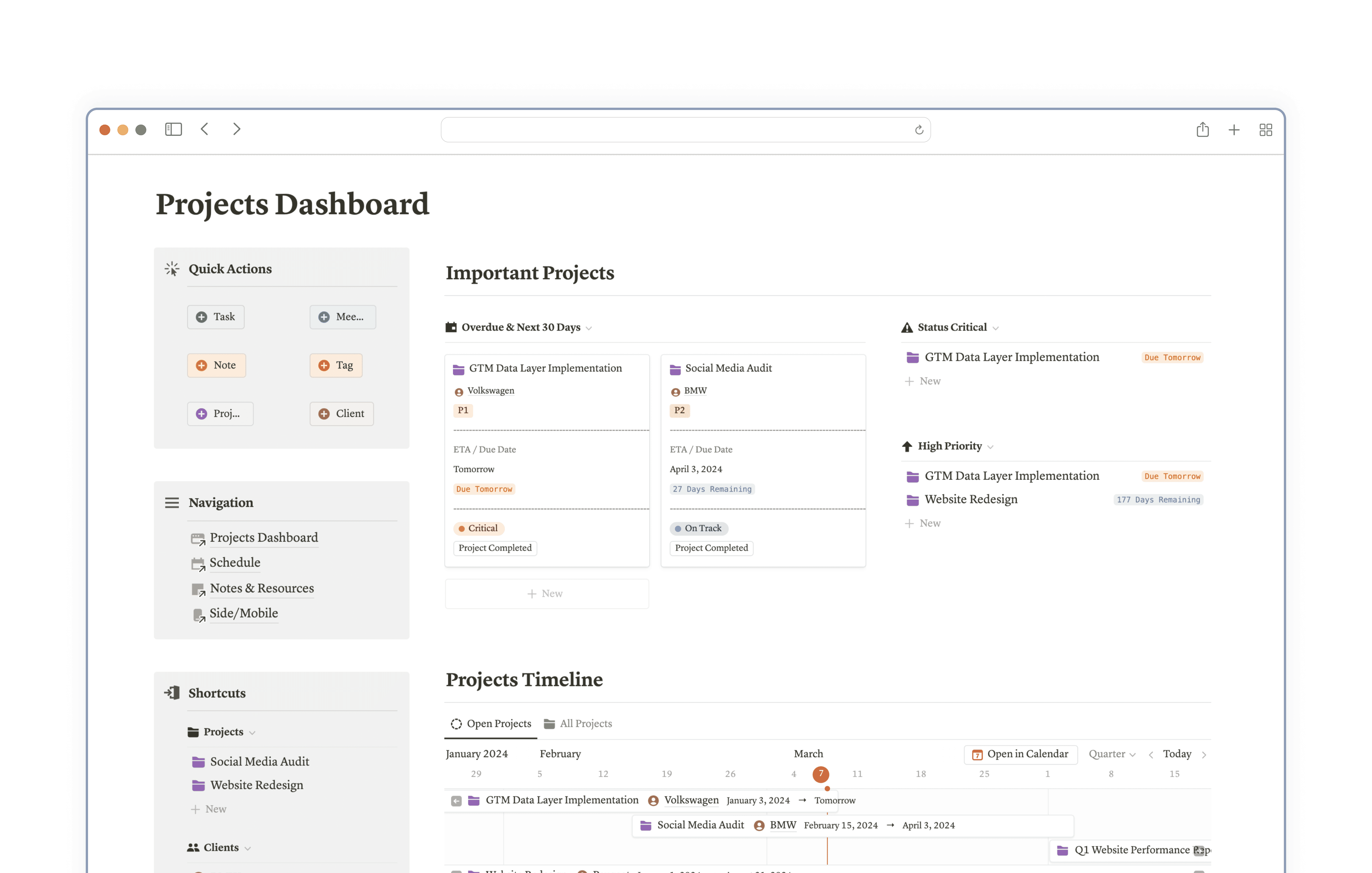 Notion Project Manager Dashboard template overview showing multiple project cards, timelines, and status indicators