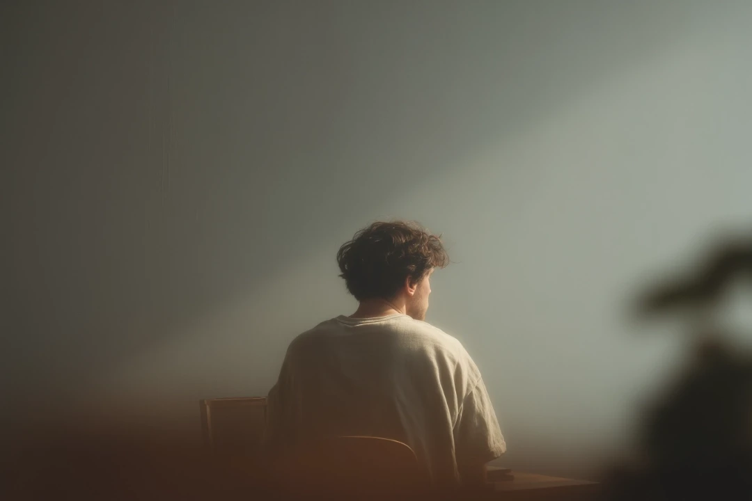 Pensative person sitting in a chair with the back to the camera