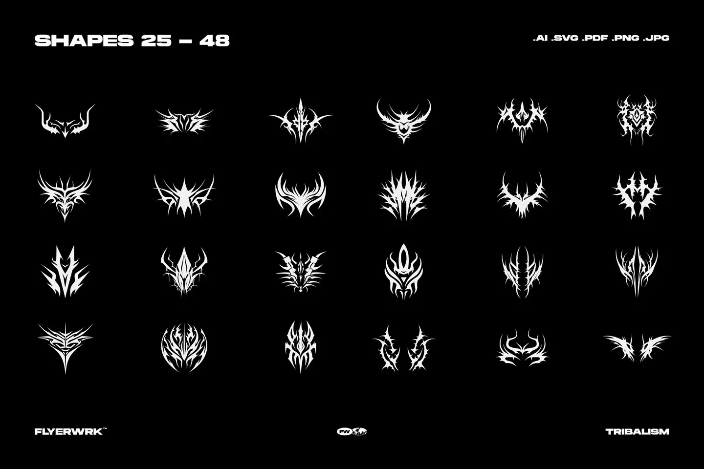 Tribalism vector shapes set preview showing gothic tribal symbols 25 to 48