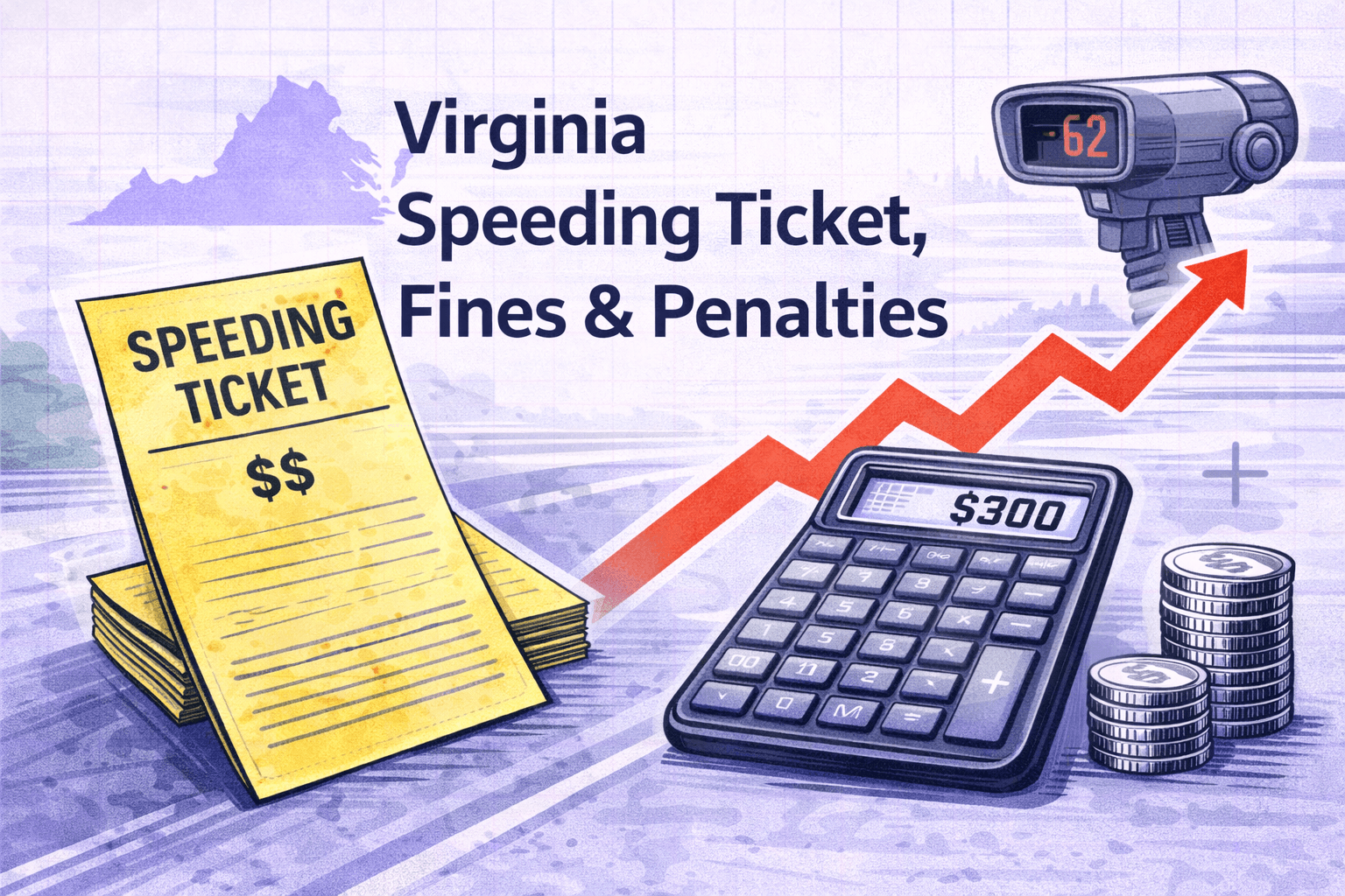 Virginia speeding ticket costs illustration with speedometer, dollar signs, and warning icon