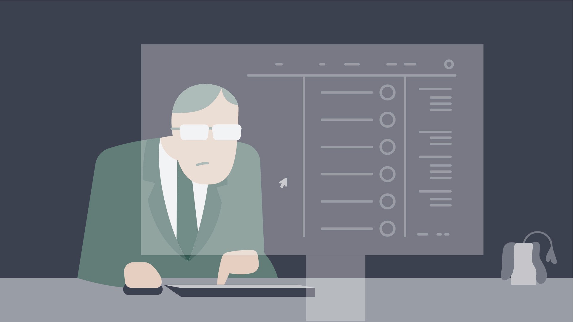 Illustration of a bored manager in front of his computer doing a repetitive task.