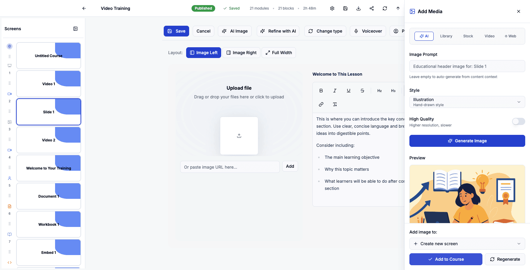 Click Add to Course to insert the generated image into your slide.