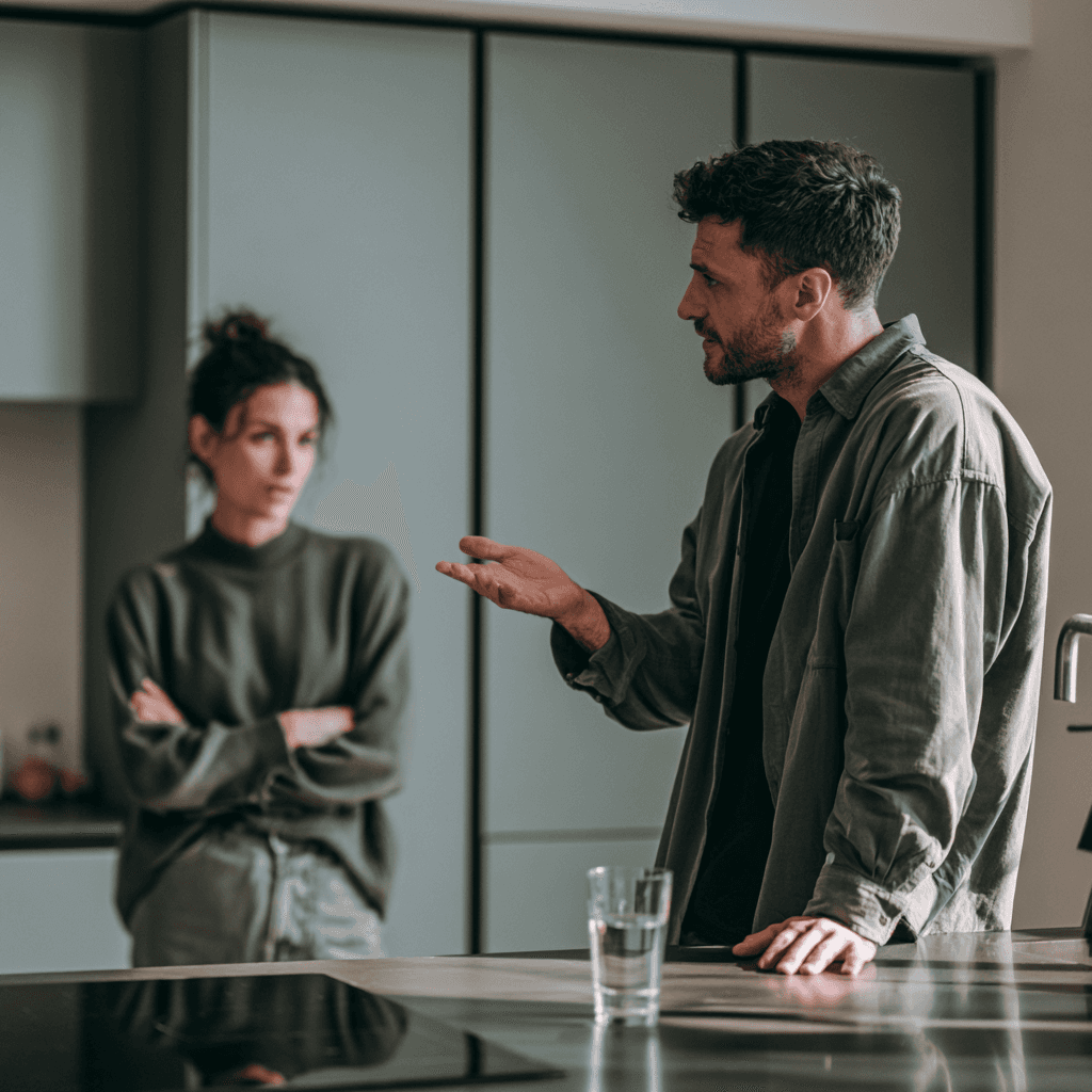 Man explaining something at a kitchen counter while his partner stands with arms folded