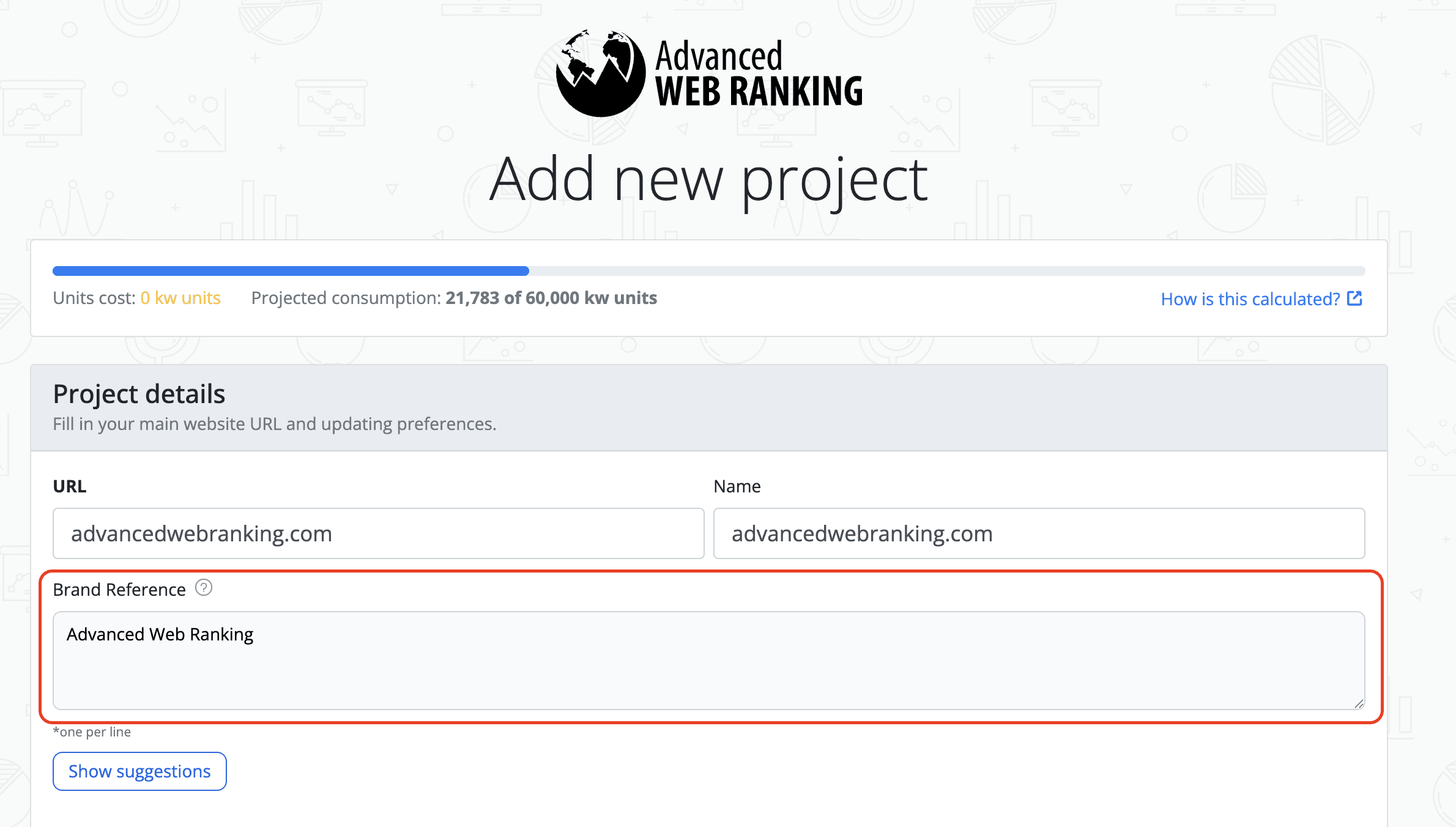 Add new projects wizard in Advanced Web Ranking