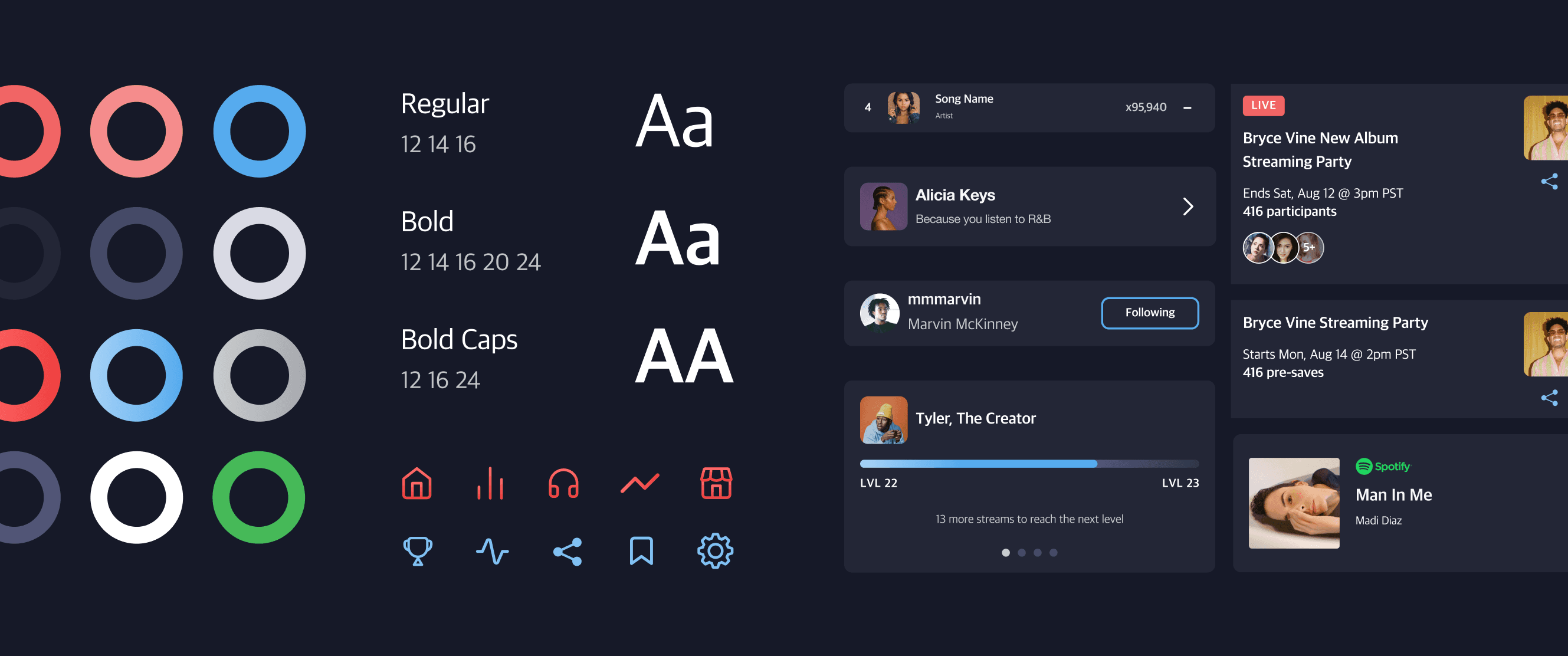 Style guide for the Renaissance app with red and blue colours and modals