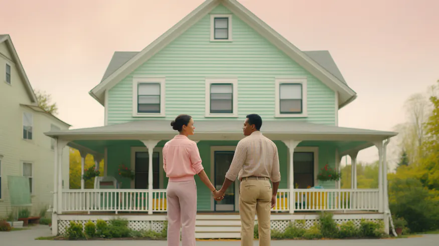 Two young adults hold hands in front of their first home