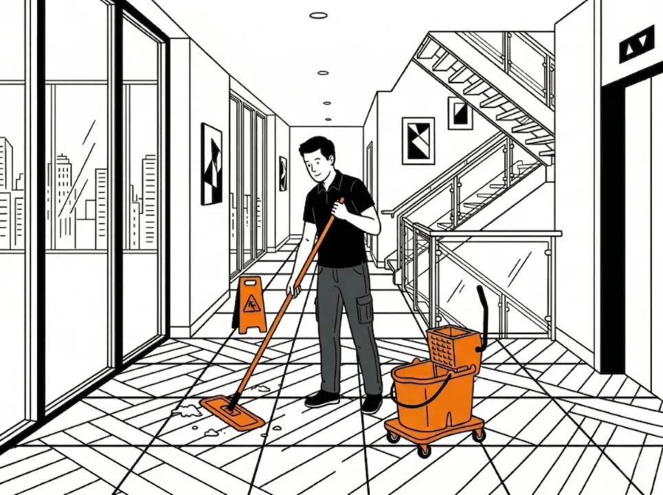 Illustration d'un agent d'entretien Widy's passant la serpillière dans un bureau avec du matériel de nettoyage orange.