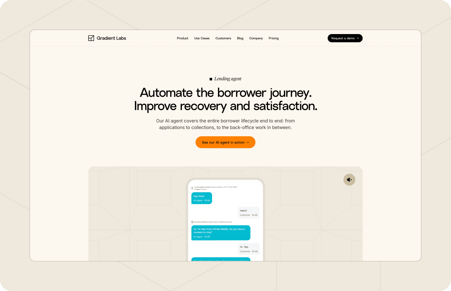 Gradient Labs AI agent for lending webpage