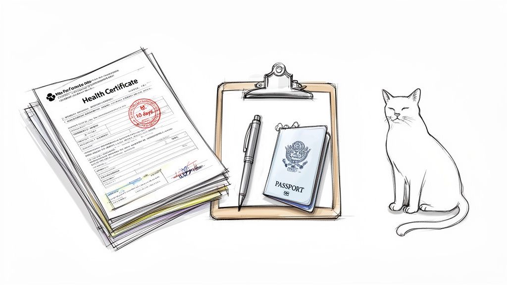 Illustration depicting pet travel documents, including a stack of health certificates, a passport, and a white cat.