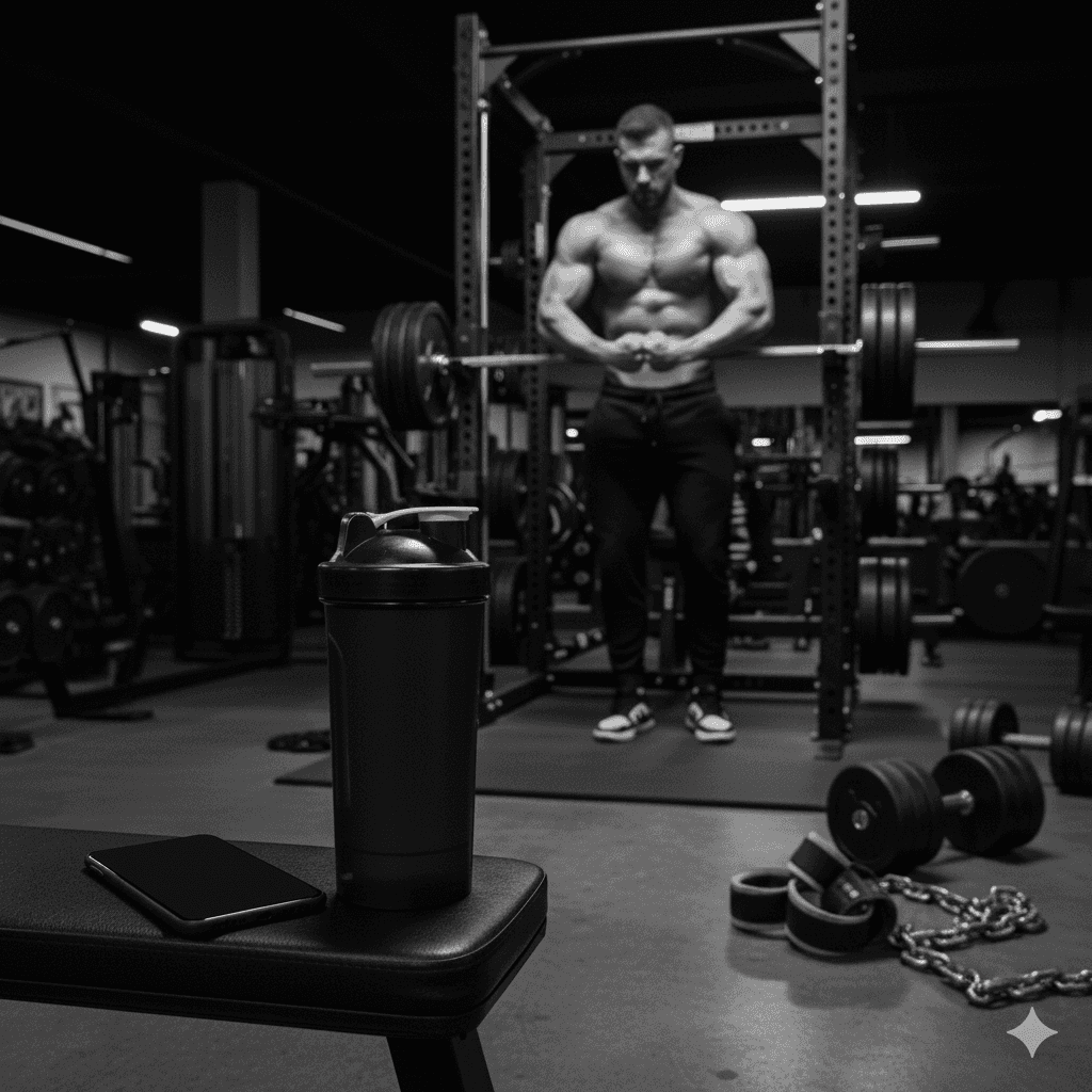 A smartphone and protein shake on a gym bench with a man training in the background, representing modern AI-powered calorie tracking apps like Hoot and Cal AI alternatives.
