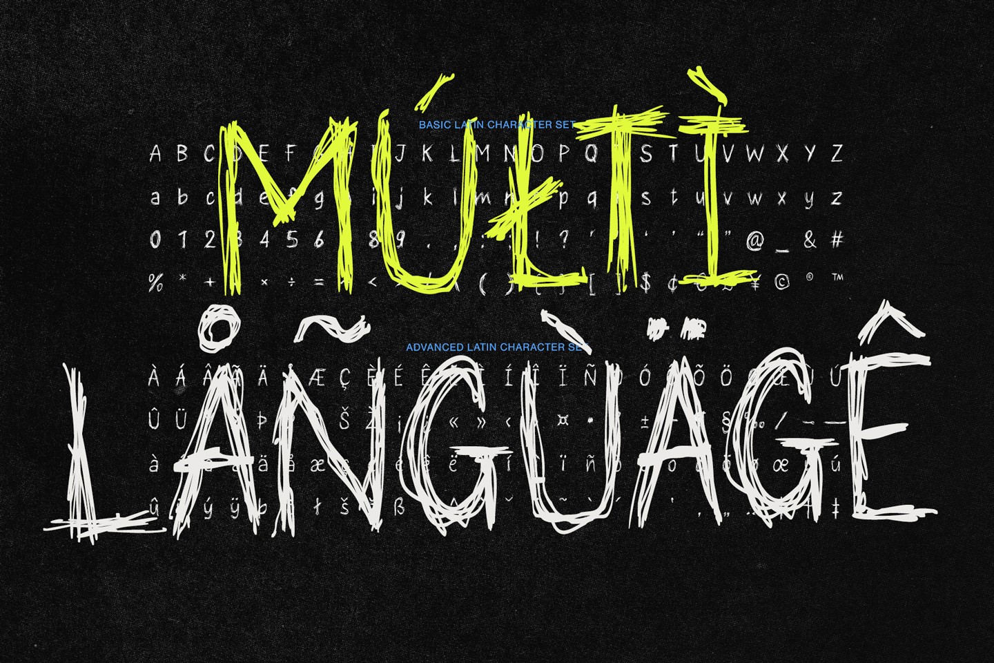 Showcase of the Scrawlpunk scribbles font featuring basic and advanced Latin characters with multilingual support