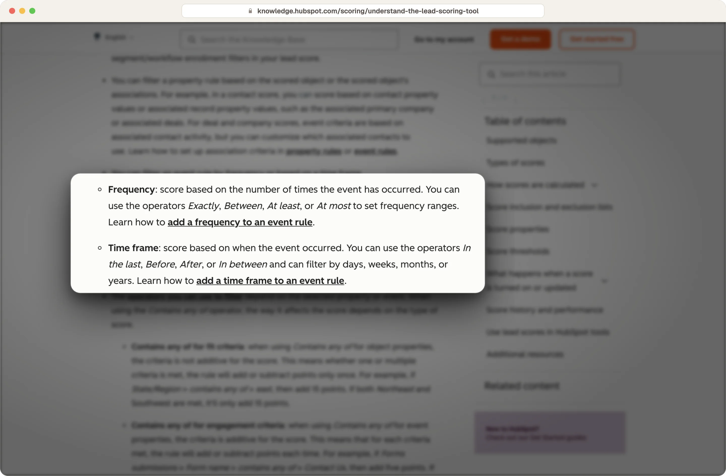 HubSpot knowledge base explaining frequency and time frame operators for lead scoring event rules, highlighted