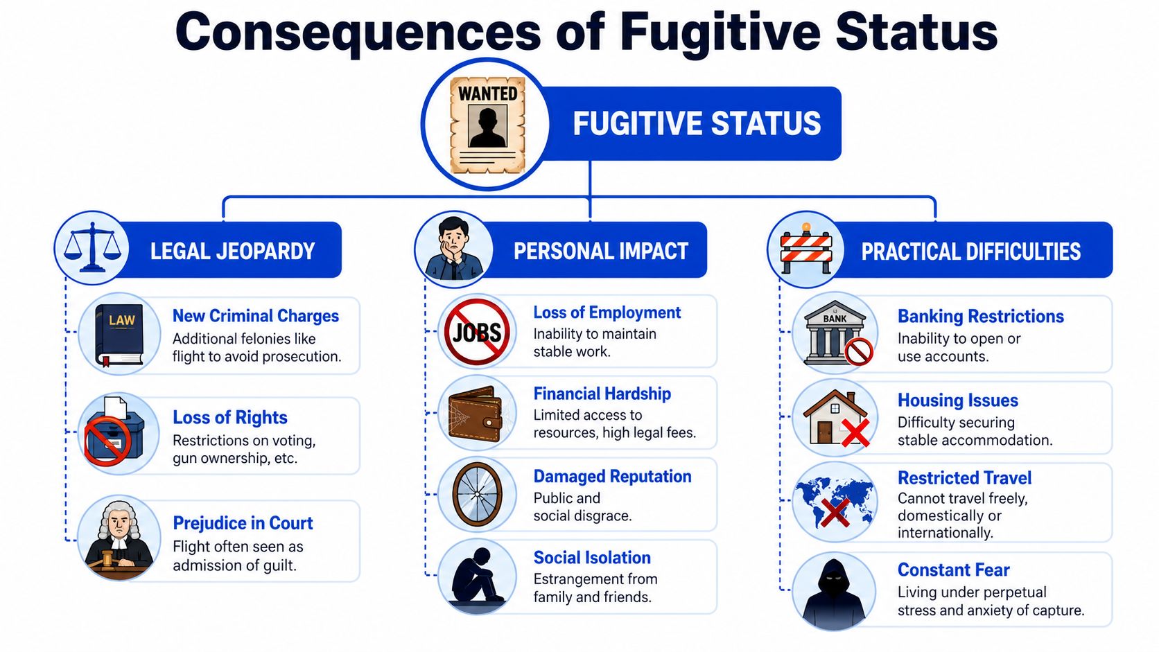 An infographic detailing the various legal, personal, and practical consequences faced by someone with fugitive status.