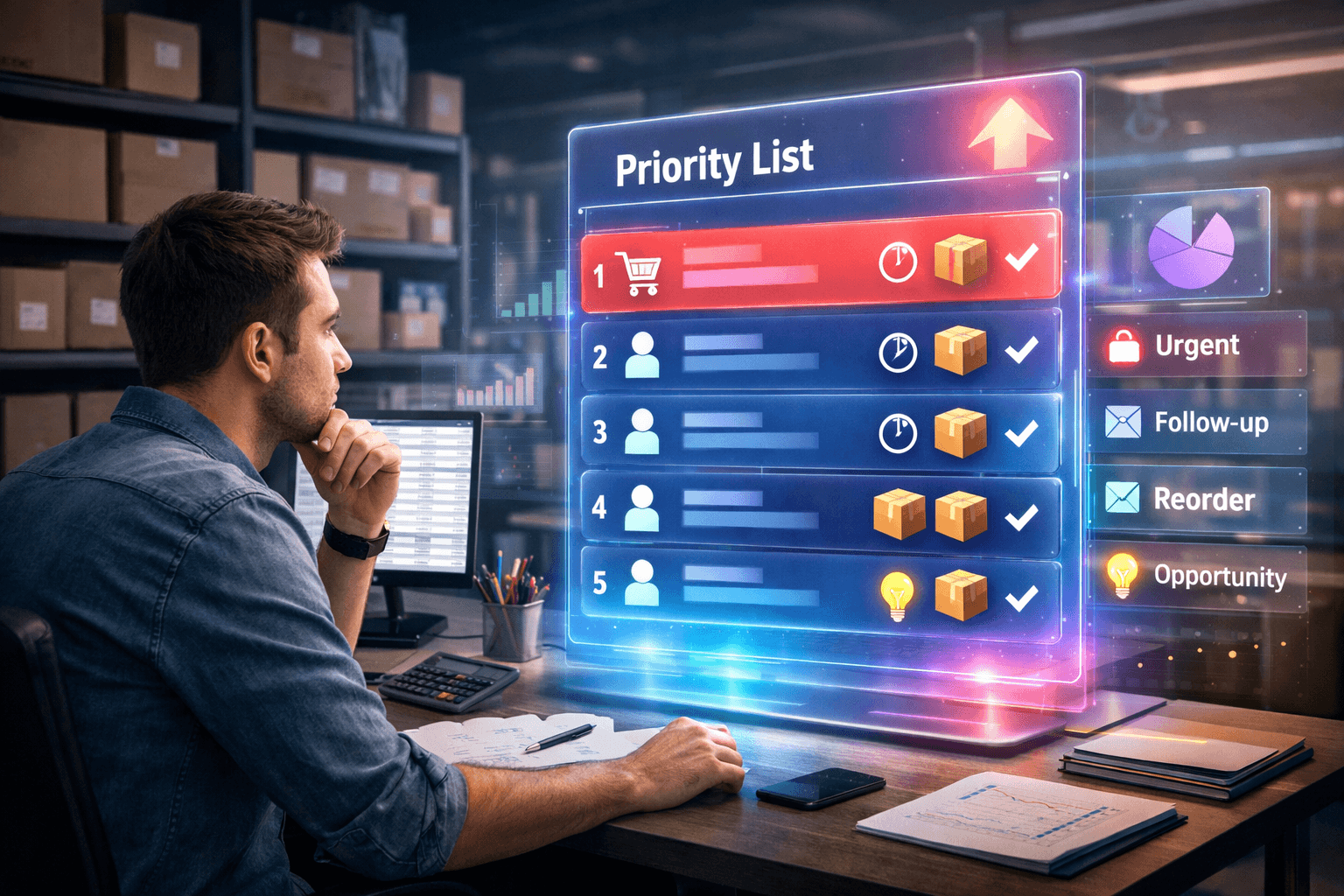 Vendedor sentado em um escritório moderno olhando para uma interface holográfica 3D à sua frente, com gráficos e dados organizados visualmente em forma de lista de prioridades. Ao fundo, prateleiras com caixas sugerem um ambiente de operação comercial ou logística. A cena transmite o uso de dados para orientar decisões do dia a dia.