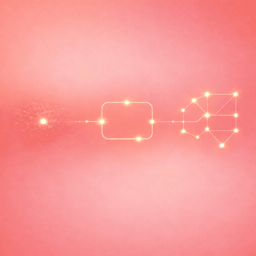 An abstract pink gradient graphic showing a glowing line of light moving left to right: a spark-like burst, a rounded rectangular node in the center, and a connected geometric network of bright points on the right.