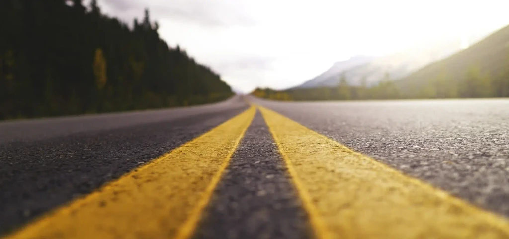 Close-up of an asphalt road with yellow dividing lines, trees lining the roadside, and mountains in the distance.