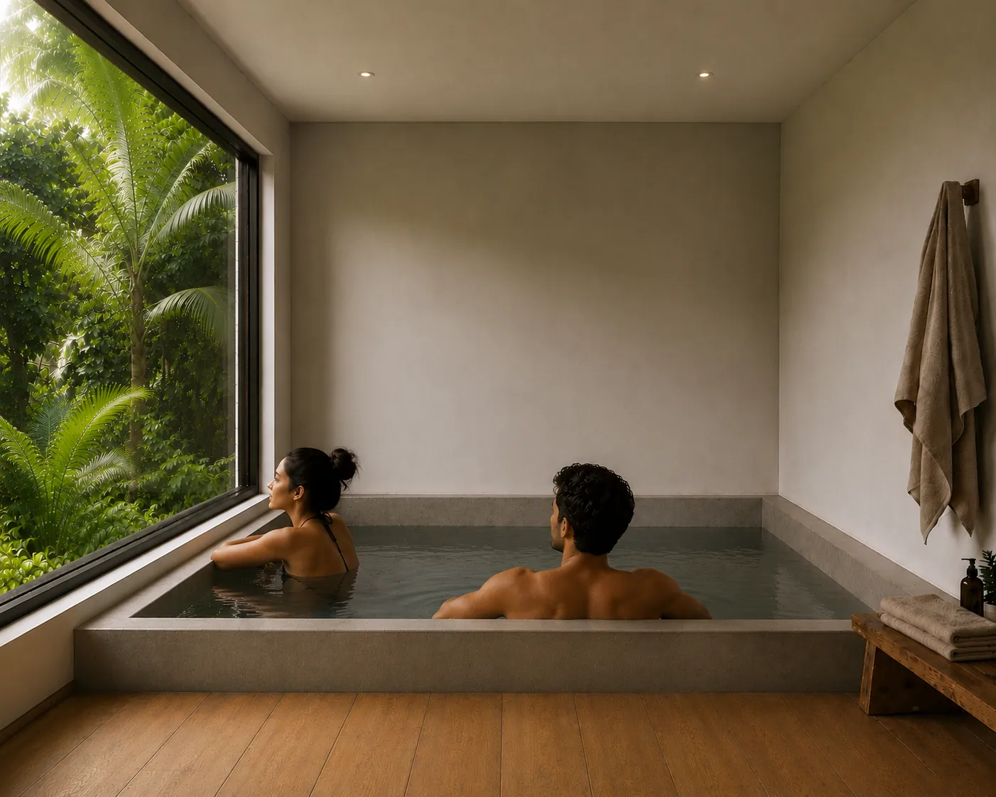 Couple in the cold plunge pool at Jaali River Sanctuary's spa