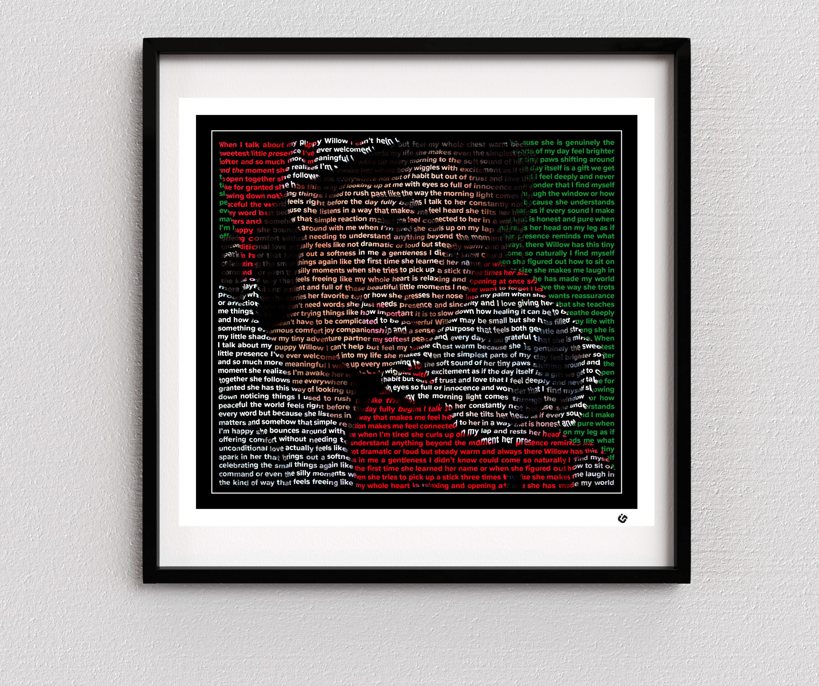 Custom text portrait of a woman holding her puppy, both wearing matching red and white Christmas hats and outfits, with their image formed entirely from meaningful words, framed with a white line, black border, and white mat.