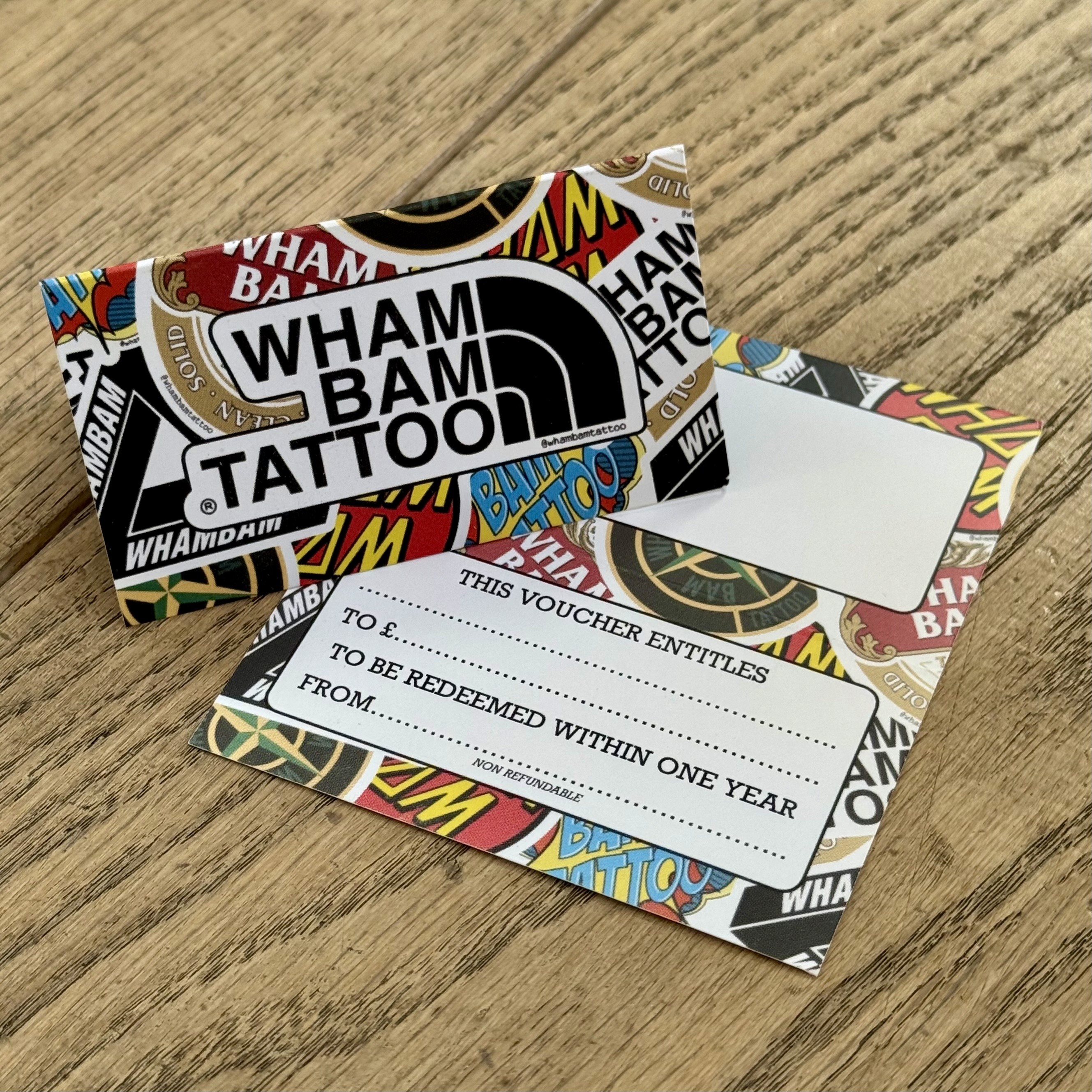 Whambam Tattoo gift card for tattoo sessions by Andrew Brown in Hackney, London