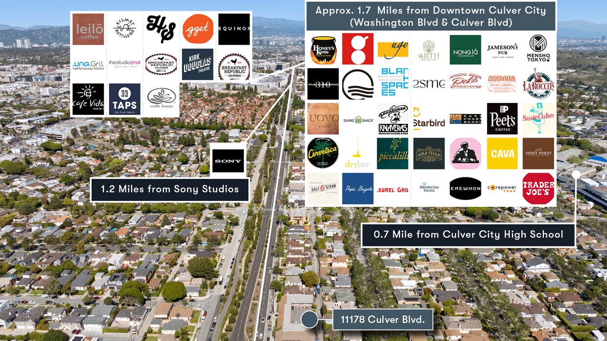 Neighborhood aerial illustrating access to Sony Studios and Culver City from 11178 Culver Blvd.