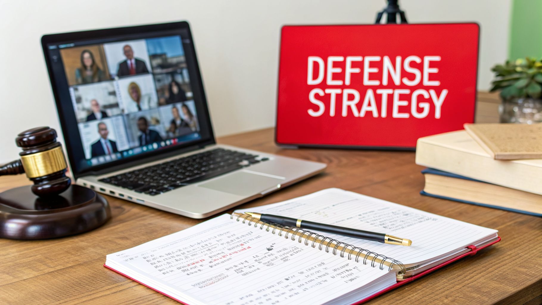 Lawyer's desk with a laptop, gavel, and 'DEFENSE STRATEGY' on a tablet for legal planning.