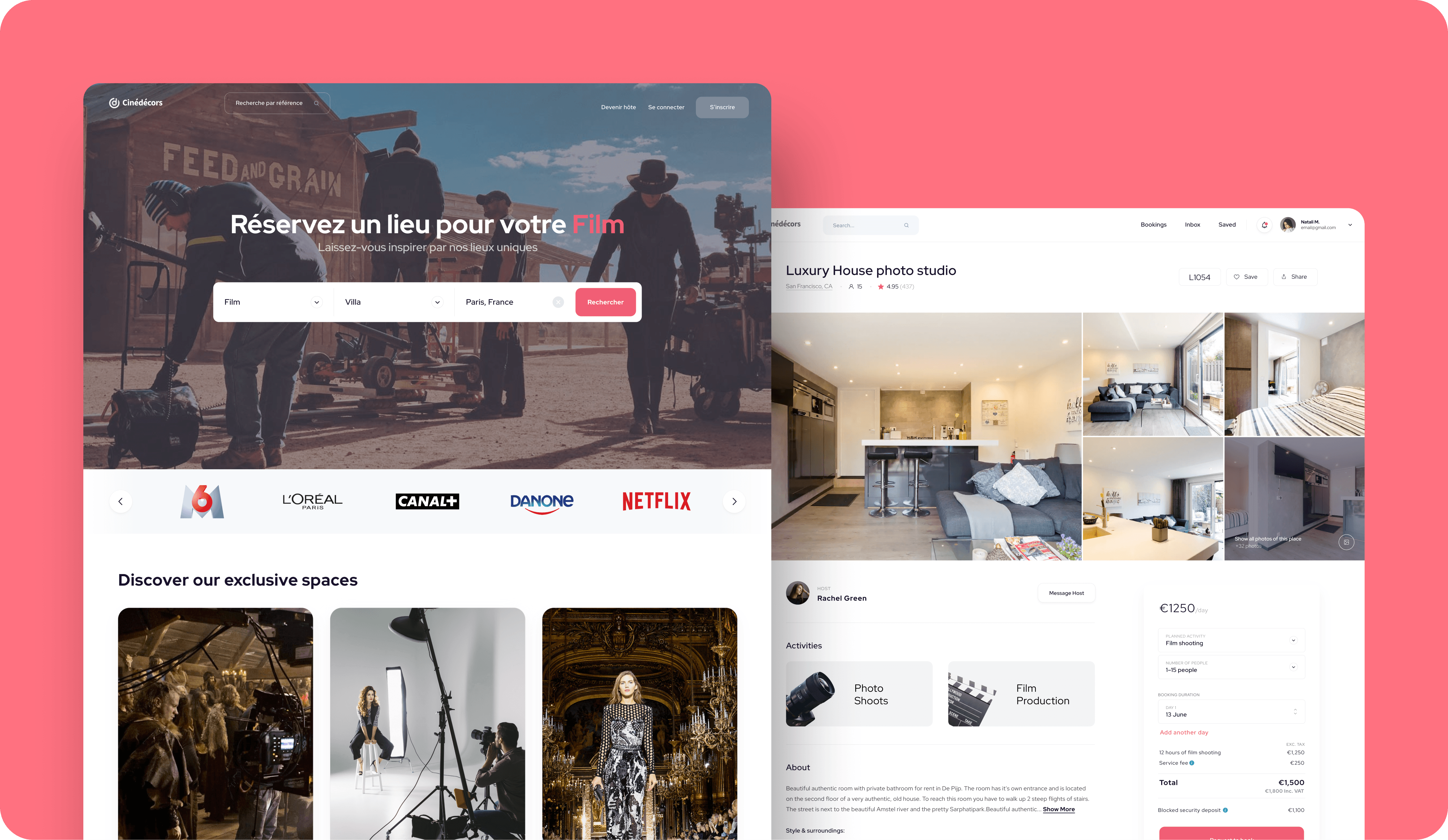 A detailed listing interface for the Cinédecors platform, featuring a property named 'Maison des Lumières.' The listing includes: A large cover image of a bright, elegant interior space with modern furnishings. A section with a booking calendar showing available dates. Details about the property, including title, description, activities (e.g., Film production, Photo shoots), and amenities. Pricing information and an option to book or inquire. The design features a clean, white layout with purple accents, and includes a menu for accessing additional sections like 'Home,' 'Listings,' 'Calendar,' 'Bookings,' and 'Reviews'.